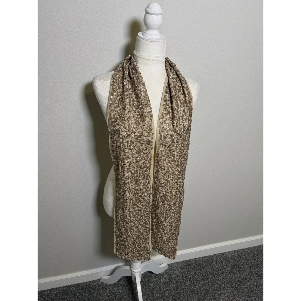 Vintage Beige Silk Champagne  Sequin Rectangle Scarf~70